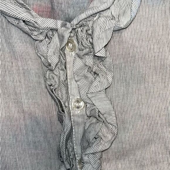 New York and Co Pin Striped Ruffle Buttoned Blouse Cotton Tunic - Picture 5 of 8